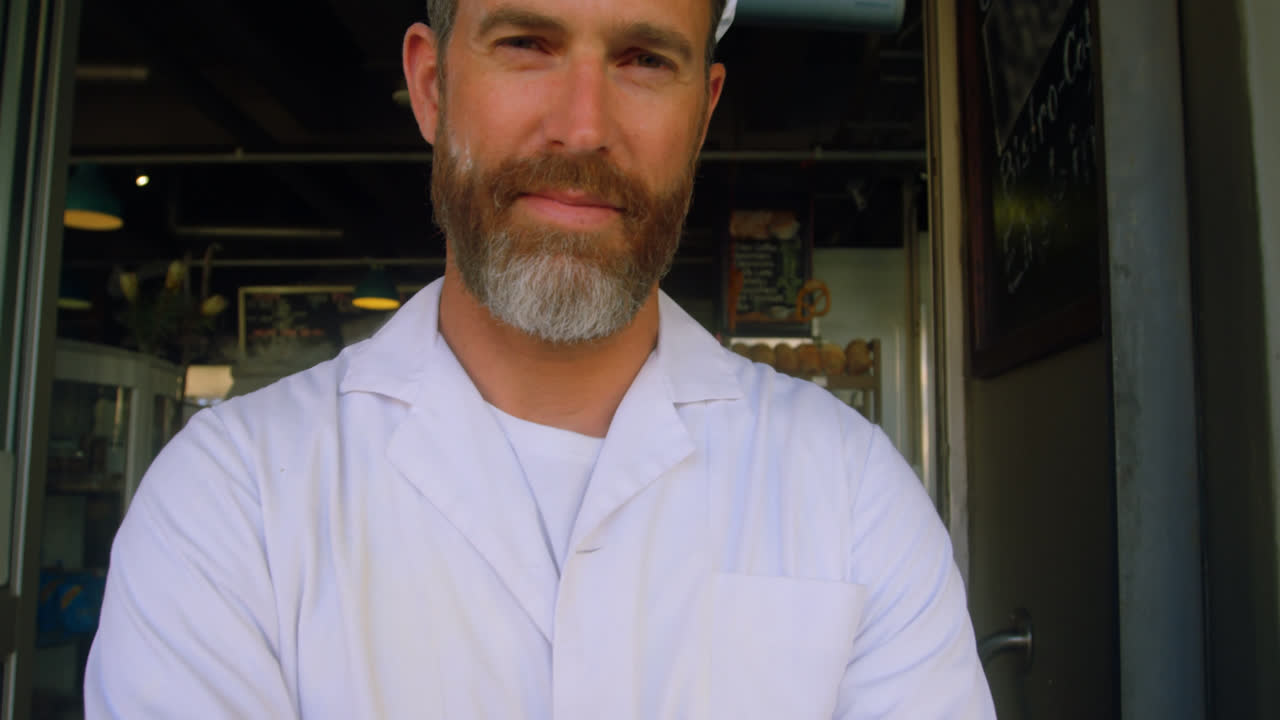 chef masculino de pie con los brazos cruzados en la entrada 4k