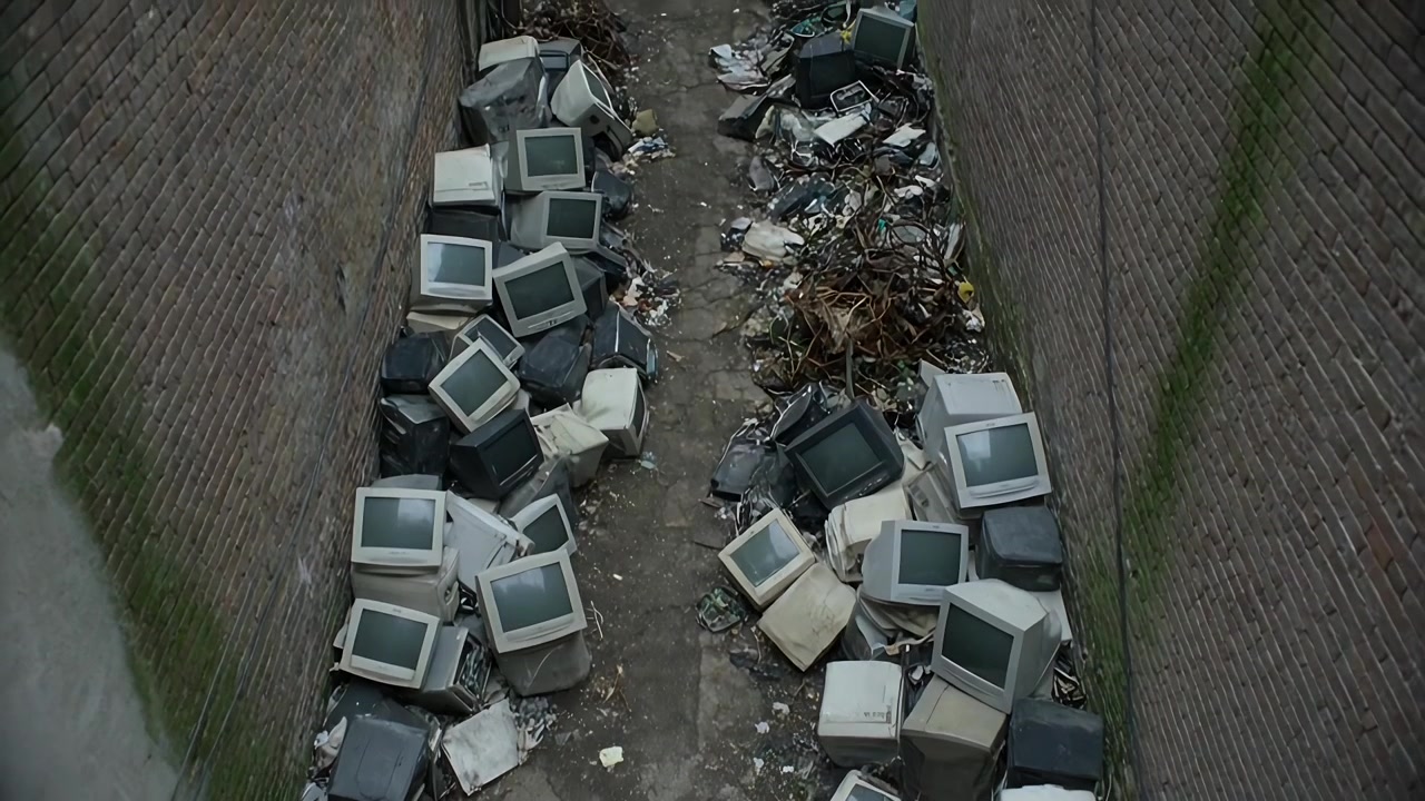 Pulling back camera revealing stacked CRT monitors in narrow alley, documenting e-waste buildup