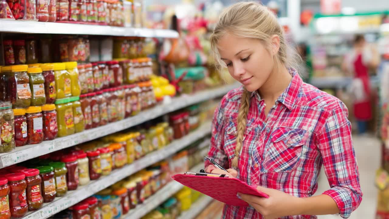 A Young Woman Analyzes Grocery Items While Shopping, Taking Notes on Her Clipboard in a Vibrant Supermarket Environment Filled with Colorful Preserves and Jars