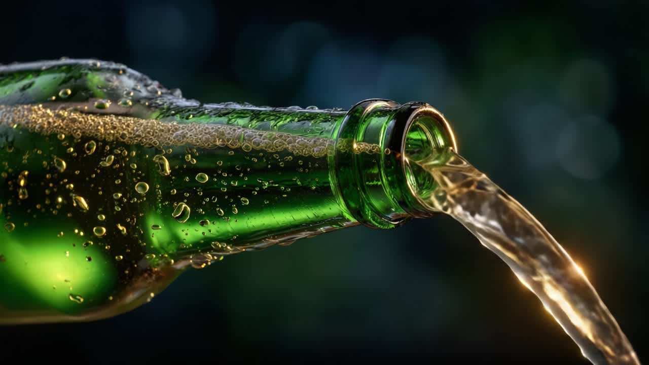 Primo piano accattivante di una bottiglia di vetro verde che versa liquido rinfrescante con bollicine, evidenziando il momento del rilascio e gli elementi scintillanti nella scena