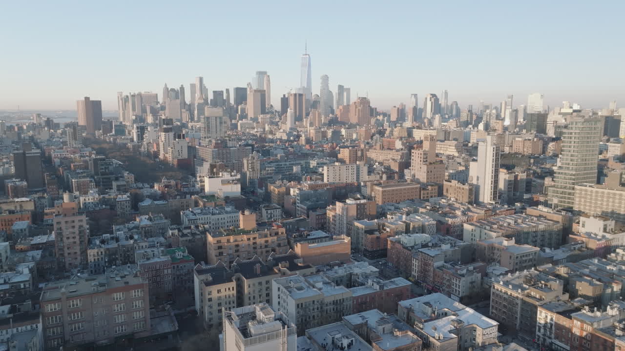 Aerial view of New York City's East Village. Shot at sunrise in Lower Manhattan