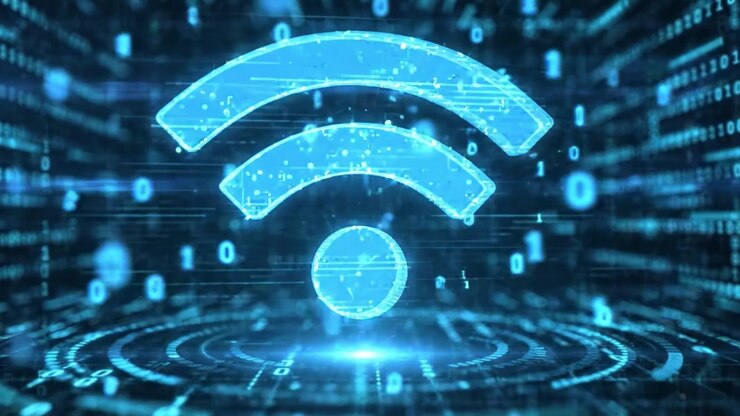 Un regno digitale di connettività: esplorando la fusione di flussi di dati e simboli di comunicazione wireless in uno sfondo ad alta tecnologia.