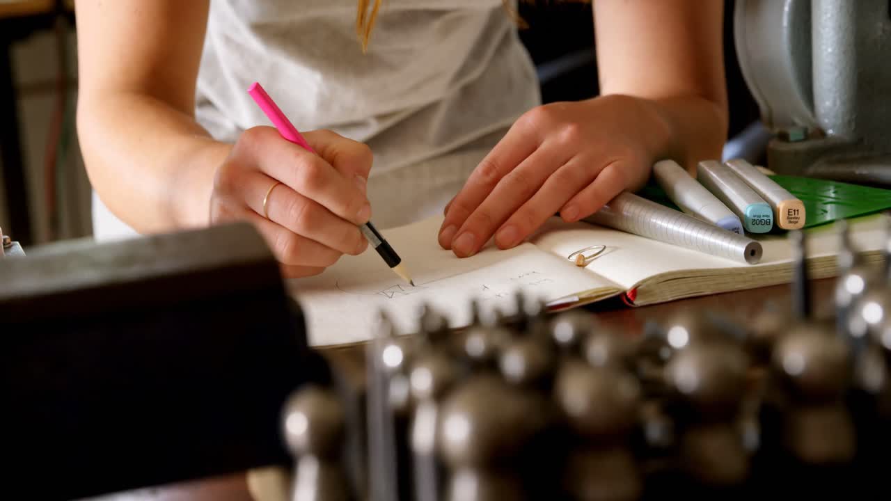 Designer di gioielli donna disegna uno schizzo su registro 4k