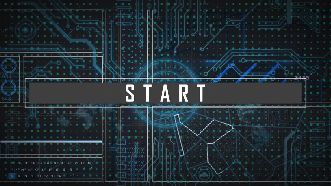 Animation of start text over circuit board and networks of connections