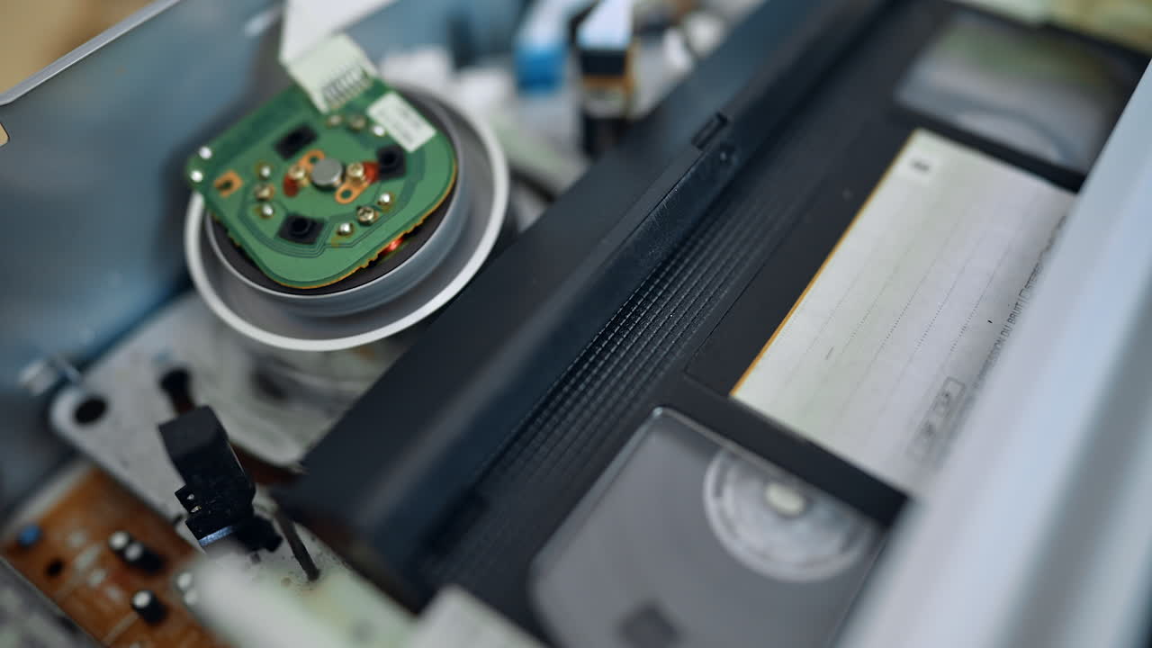 Inside the Video Home System. Magnetic head rotates reading the tape. Close up
