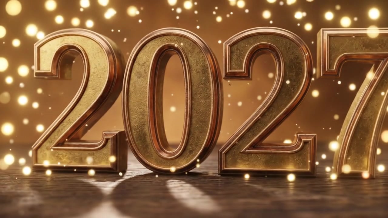 Animazione del numero d'oro 2027 per il nuovo anno con tipografia metallica su sfondo scuro.