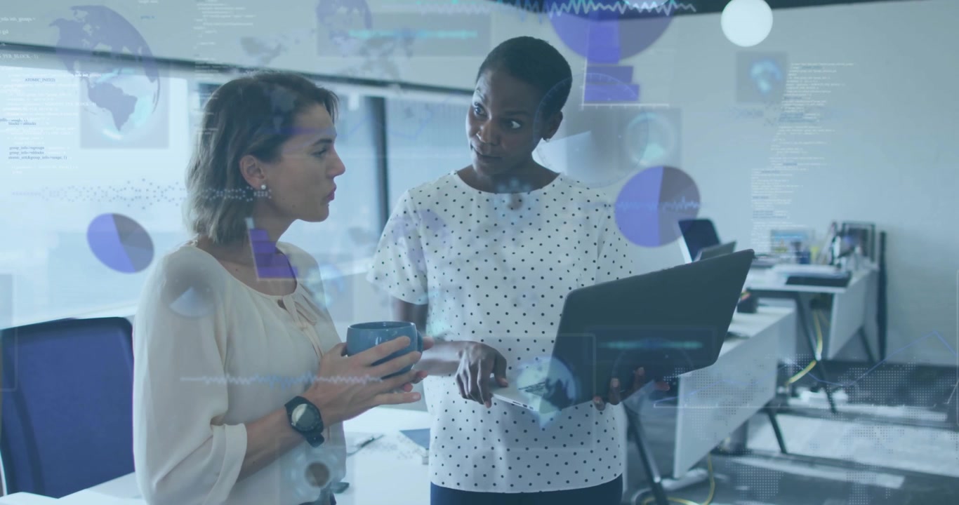 Tilting laptop toward colleague, marketers sipping coffee and analyzing data with animated charts