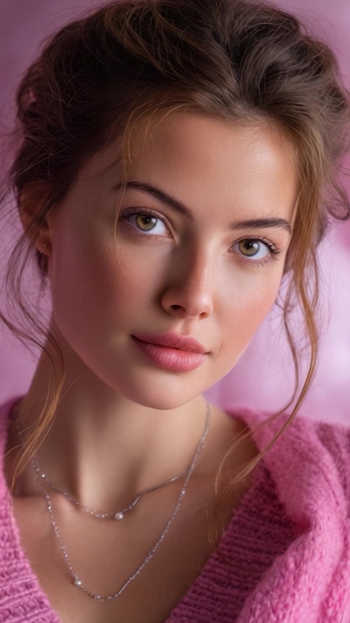 Un ritratto di bellezza serena: Primo piano accattivante di una giovane donna con lineamenti delicati e gioielli raffinati su uno sfondo rosa che ne evidenzia calorosamente l'eleganza