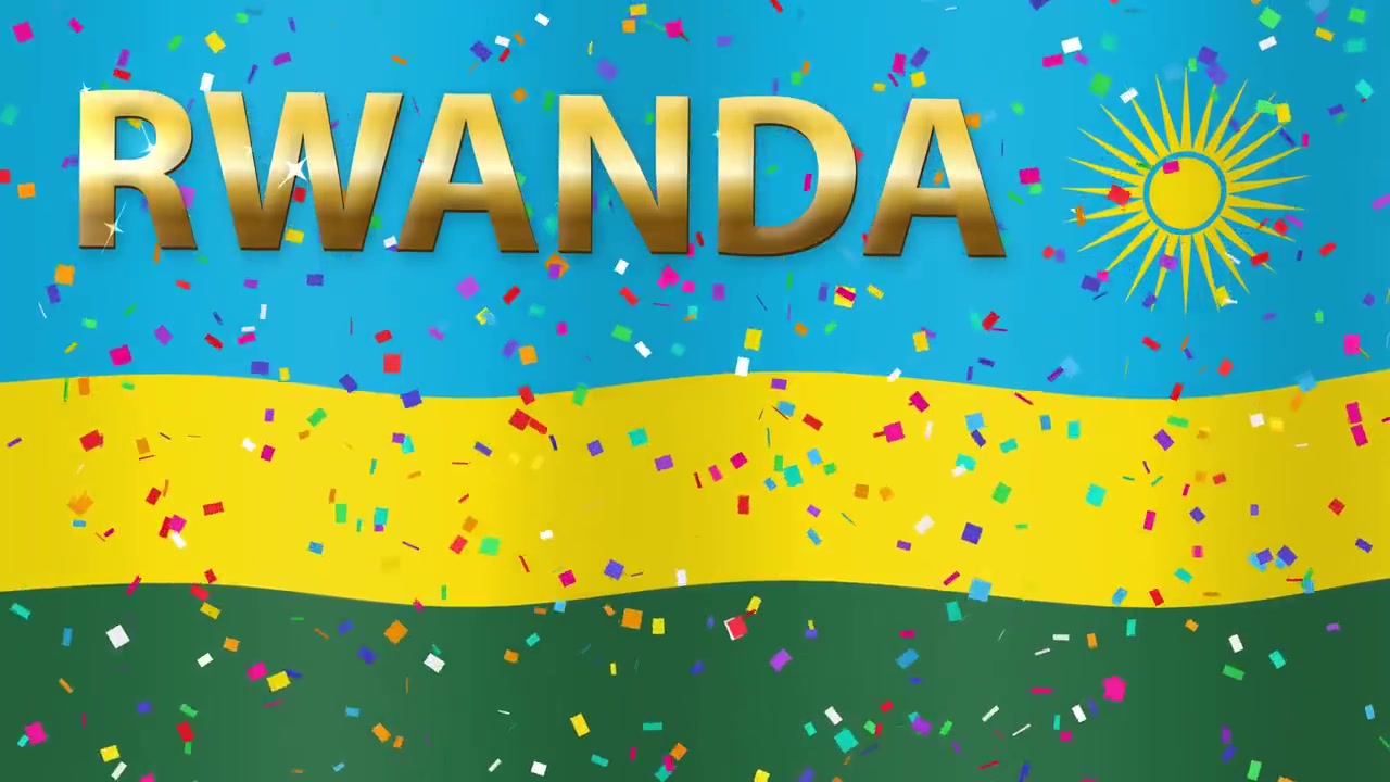 Animowane tło z flagą Rwandy ze złotym tekstem 3D i kolorowym konfetti spadającym w zapętleniu