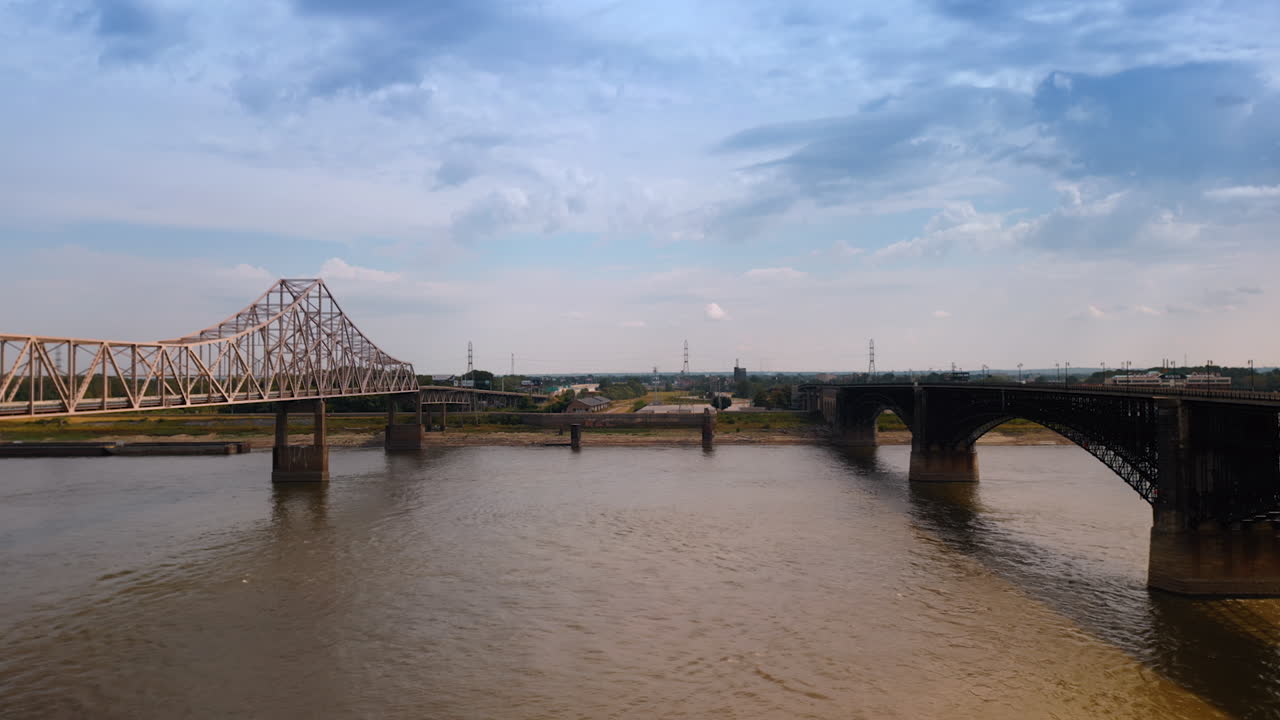Going up over the Mississippi River in St. Louis, Missouri, USA on a cloudy day. View on the Martin Luther Bridge and Eads Bridge
