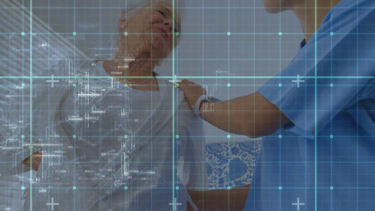 백인 여성 의사와 노인 환자에 대한 데이터 처리 애니메이션