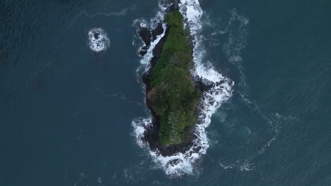 vista de ángulo alto de una pequeña isla verde en el océano pacífico sur con aves marinas volando debajo
