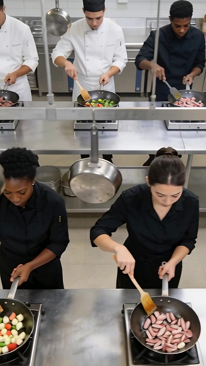 Vertikal video: Tilføjelse af ingredienser, fem kokke sauterer i køkkenet i kokkejakker, med pander.