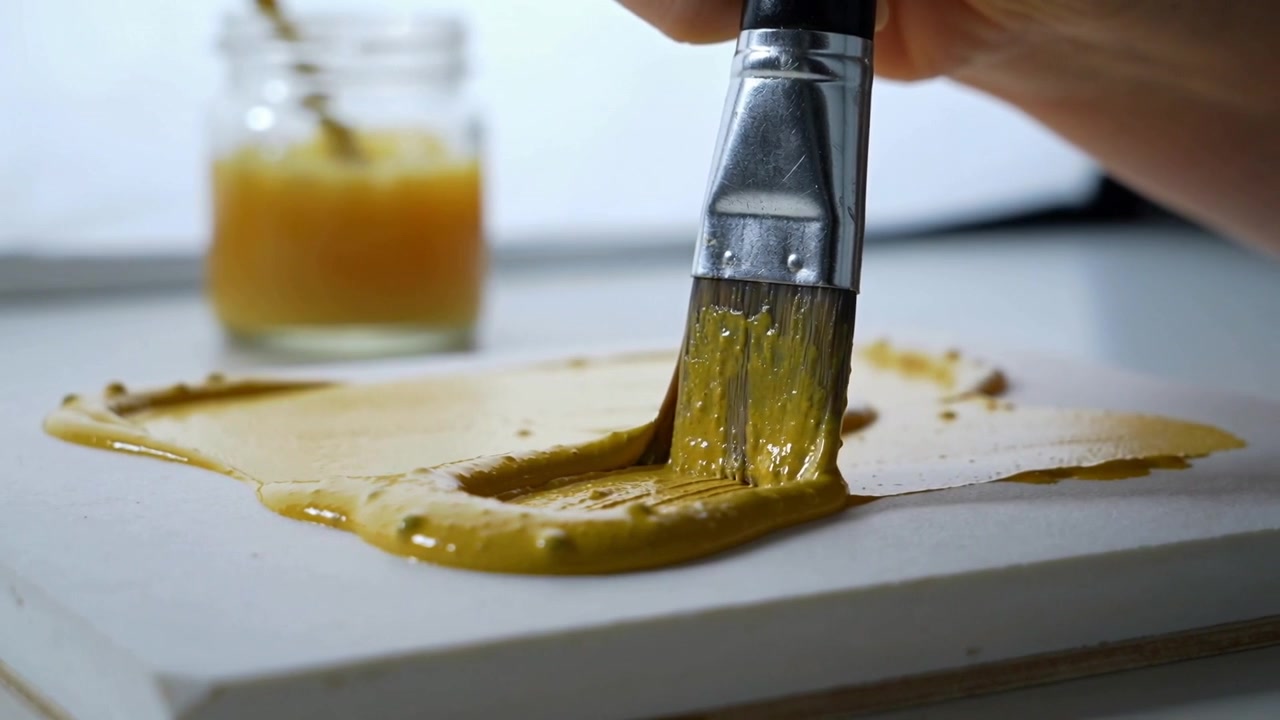 Contacting raised paint blob, hand pressing flatbrush, pulling ochre paint on board, flattening