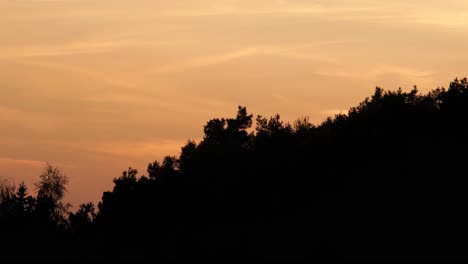 amazing time-lapse of evening or morning sky with orange and yellow clouds and plane flying by