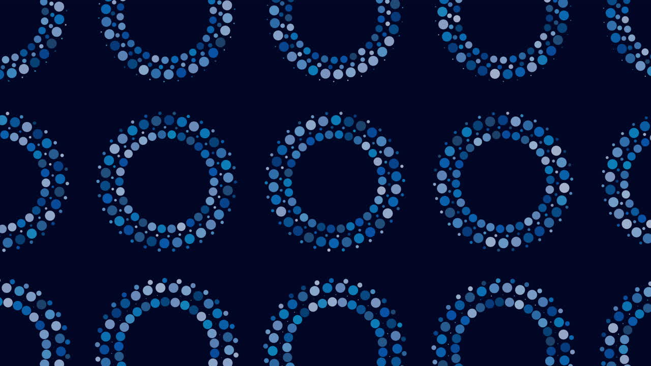 Abstract geometric footage of blue dotted rings forming repeating circular pattern on a dark navy background, ideal for tech, data, and modern motion design
