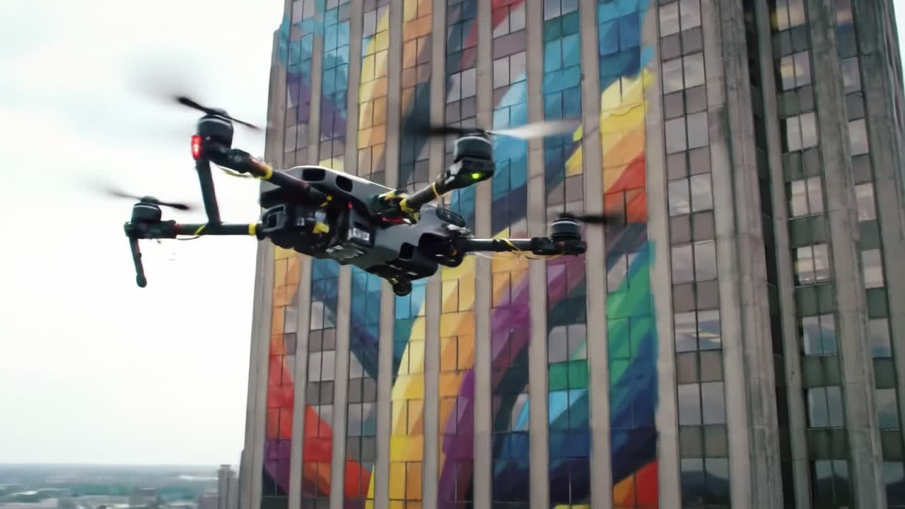 A Stunning Visual Display: A Drone Captures an Artistic Mural on a High-Rise Building, Showcasing Vivid Colors and Urban Creativity in Action