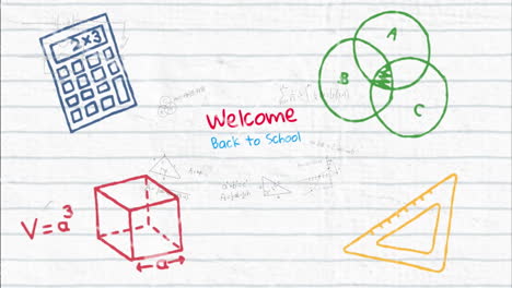 animation of back to school text over school items icons and mathematical equations