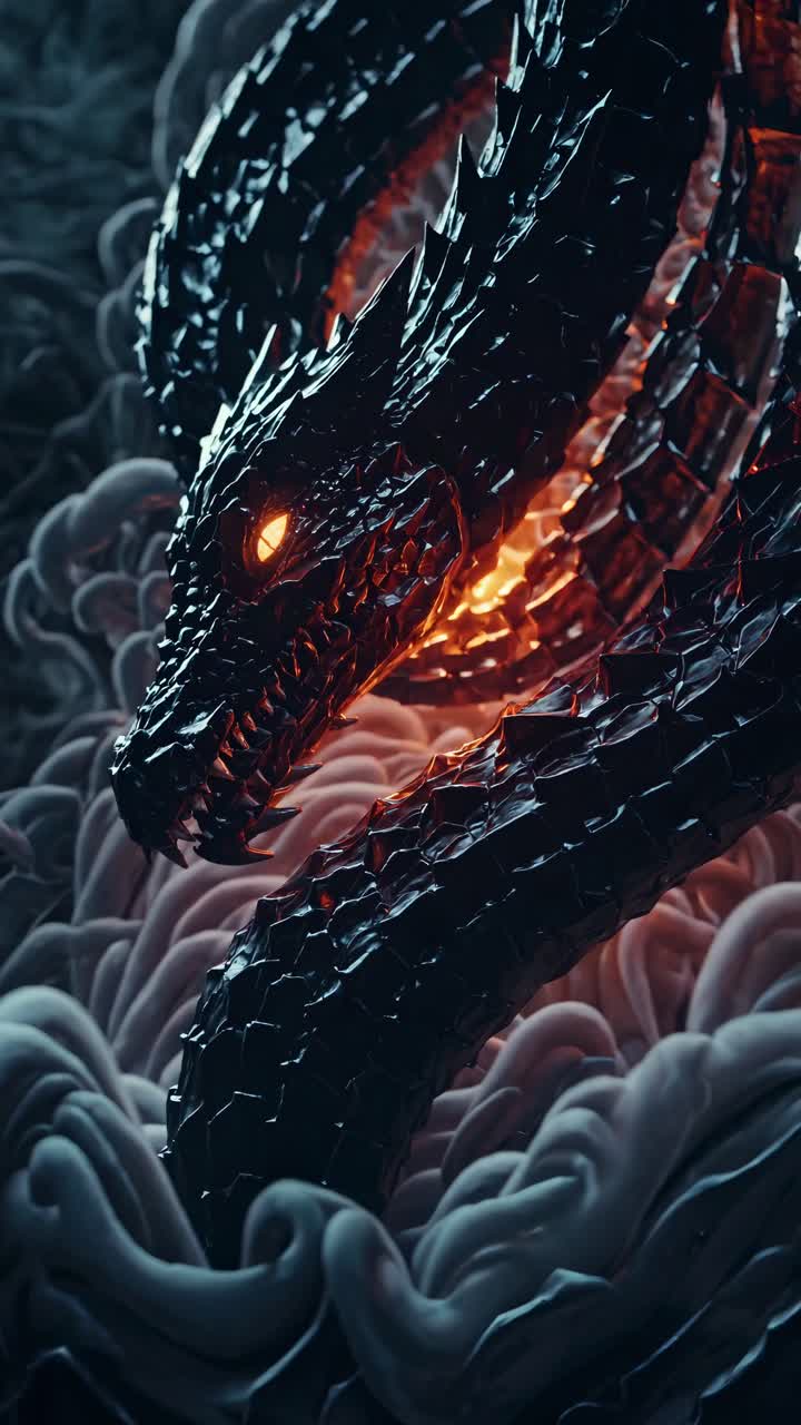 A dramatic low-angle shot of a glowing, armored dragon in a fantasy setting, perfect for a cinematic