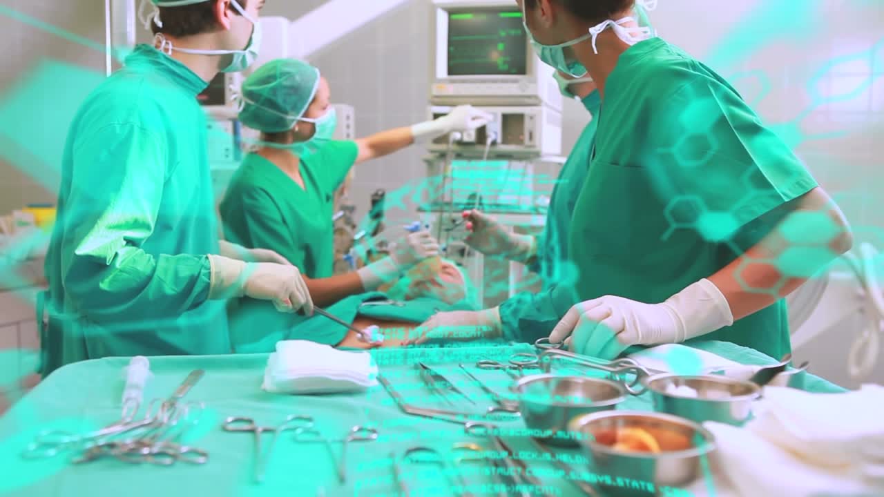 Animation of scientific data processing and chemical structures over diverse surgeons operating