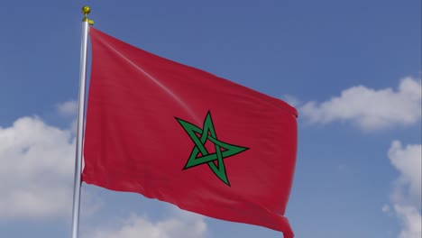 Bandera-De-Marruecos-Moviéndose-En-El-Viento-Con-Un-Cielo-Azul-Claro-En-El-Fondo,-Nubes-Moviéndose-Lentamente,-Asta-De-Bandera,-Cámara-Lenta