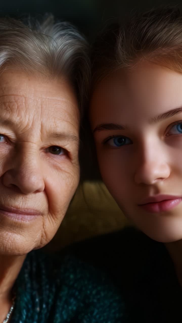 Intimate Portrait of Generational Connection: A Heartwarming Close-Up of an Elderly Woman and a Young Girl, Capturing Their Bonds and Emotional Connection