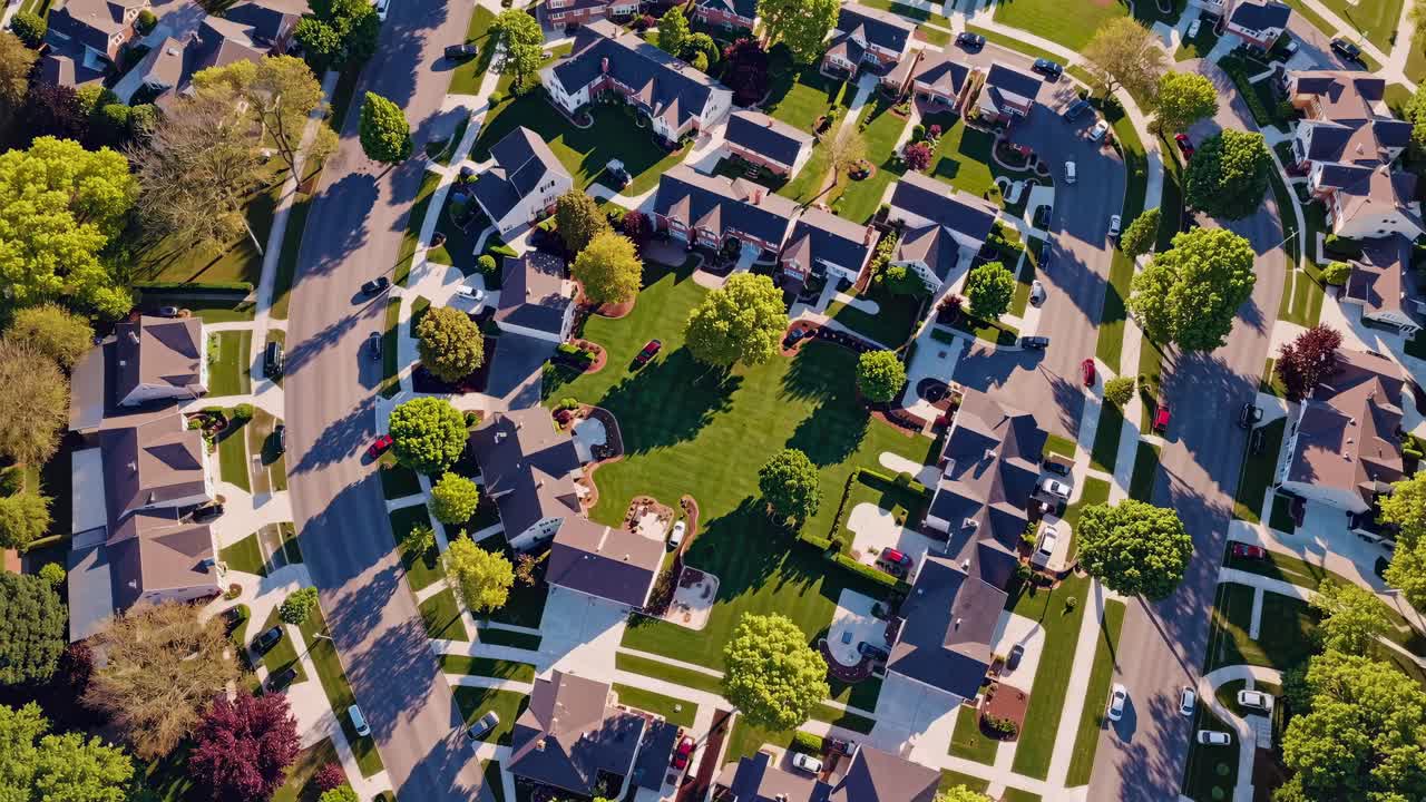 Luftaufnahme einer Vorortsiedlung mit von Bäumen gesäumten Straßen und Häusern, die eine lebendige Umgebung zeigt