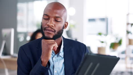 thinking, tablet and computer of black man