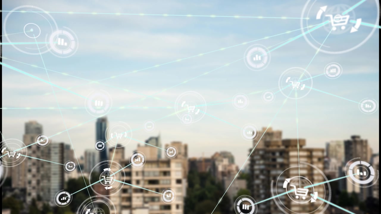 Animazione di rete di connessioni su paesaggio urbano