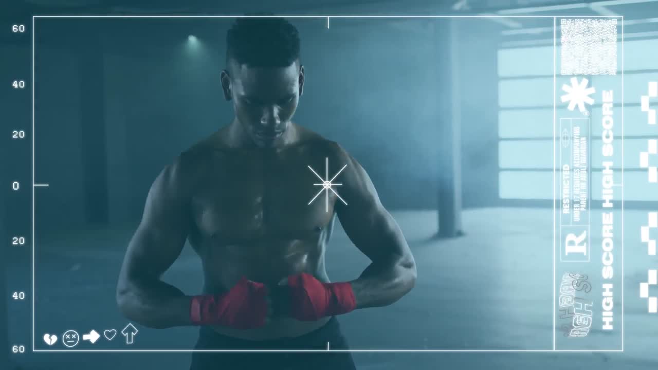 남자 권투 선수가 손에  ⁇ 을  ⁇ 는 카메라 인터페이스의 디지털 복합 비디오