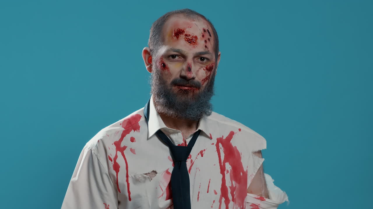 Growling scary zombie getting vaccine imunisation shot on blue background