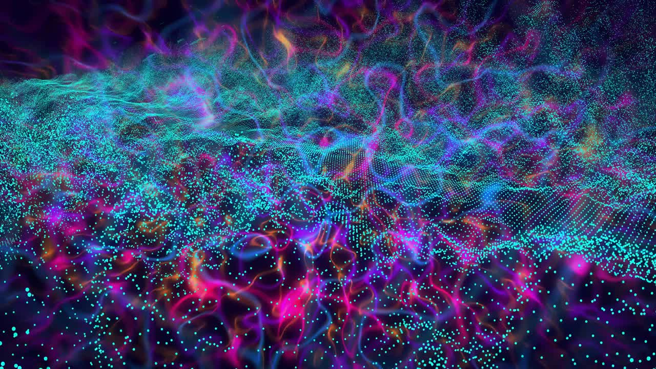 Cyan mesh pulsing causing filament rippling, sending turquoise points up, showing wave depth