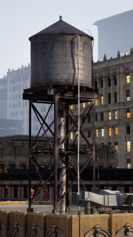 rusty water tower on a city rooftop