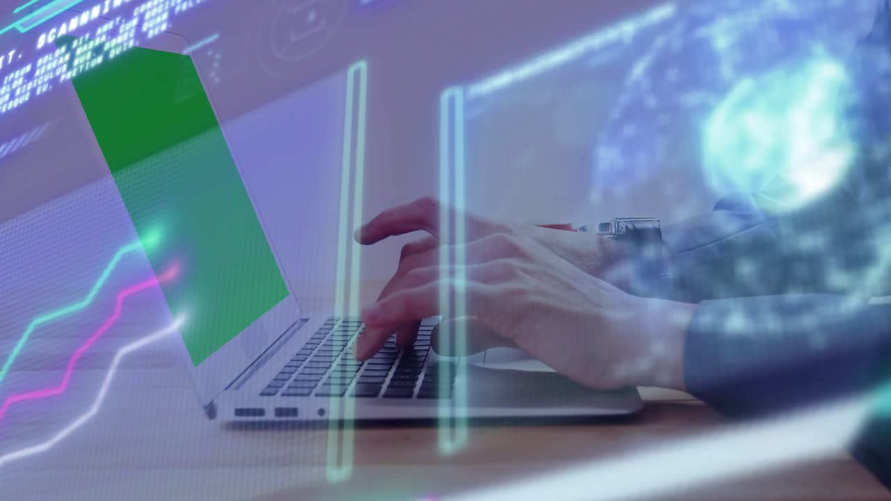 Una mano si libra per iniziare a digitare con ologrammi che si spostano sul laptop, mostrando il flusso di lavoro dei dati