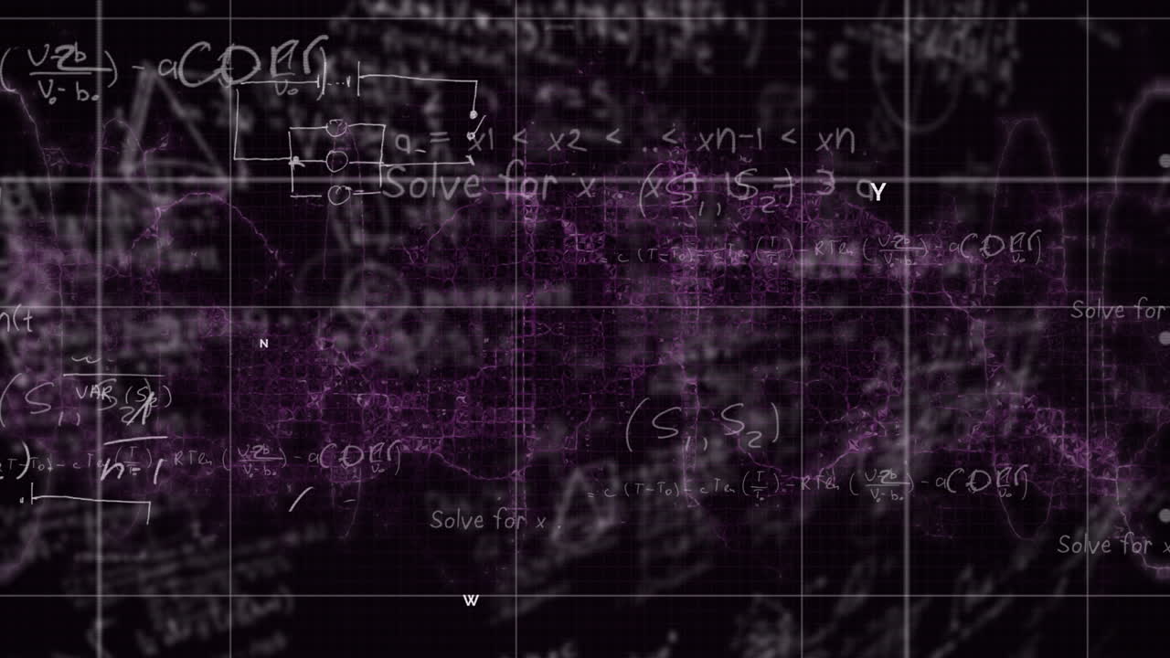 Animation of mathematical equations overlaying abstract background in classroom setting