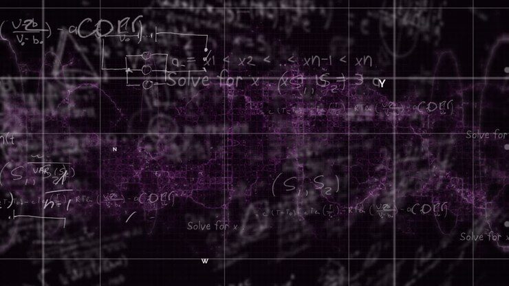 Animation of mathematical equations overlaying abstract background in classroom setting
