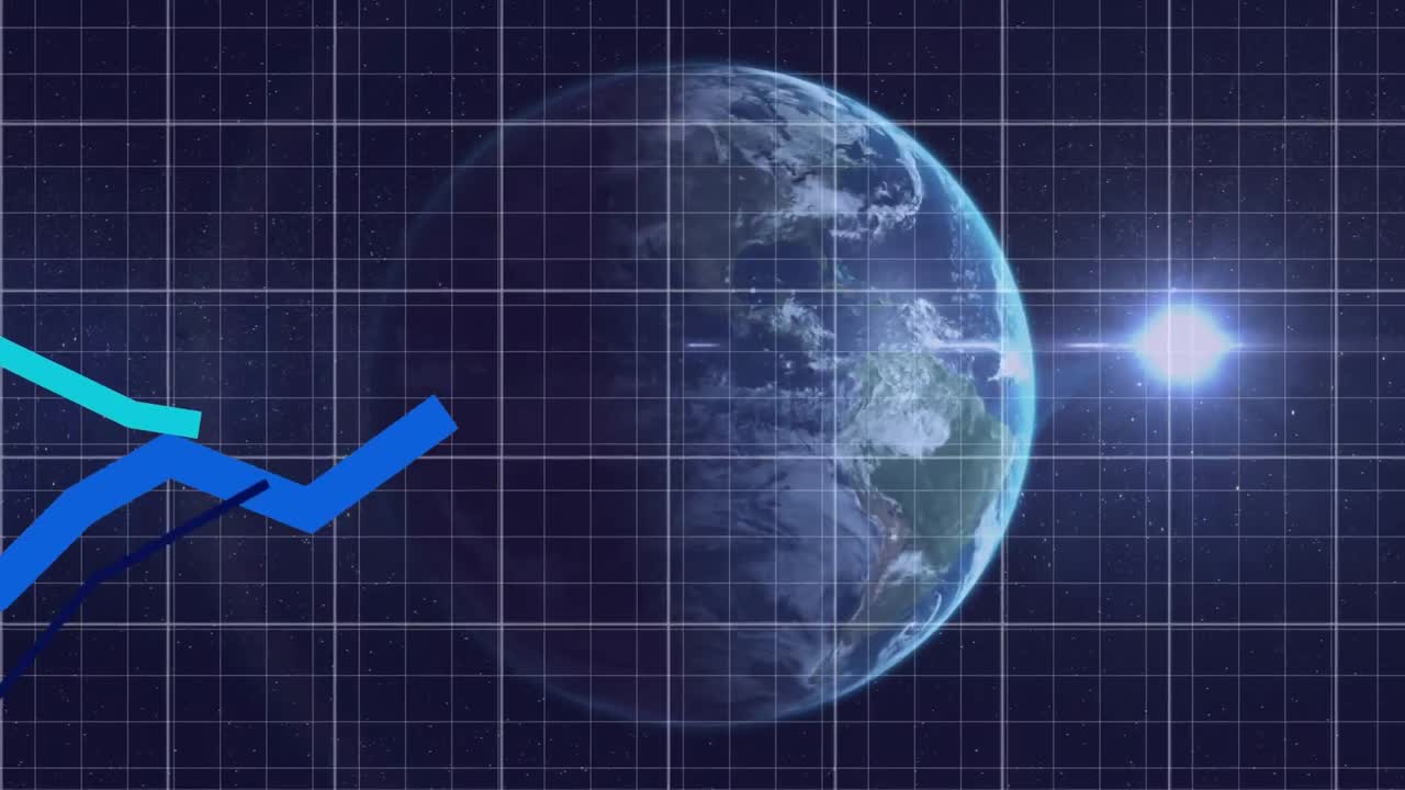 旋回する地球と光の点に対して動く青いグラフ