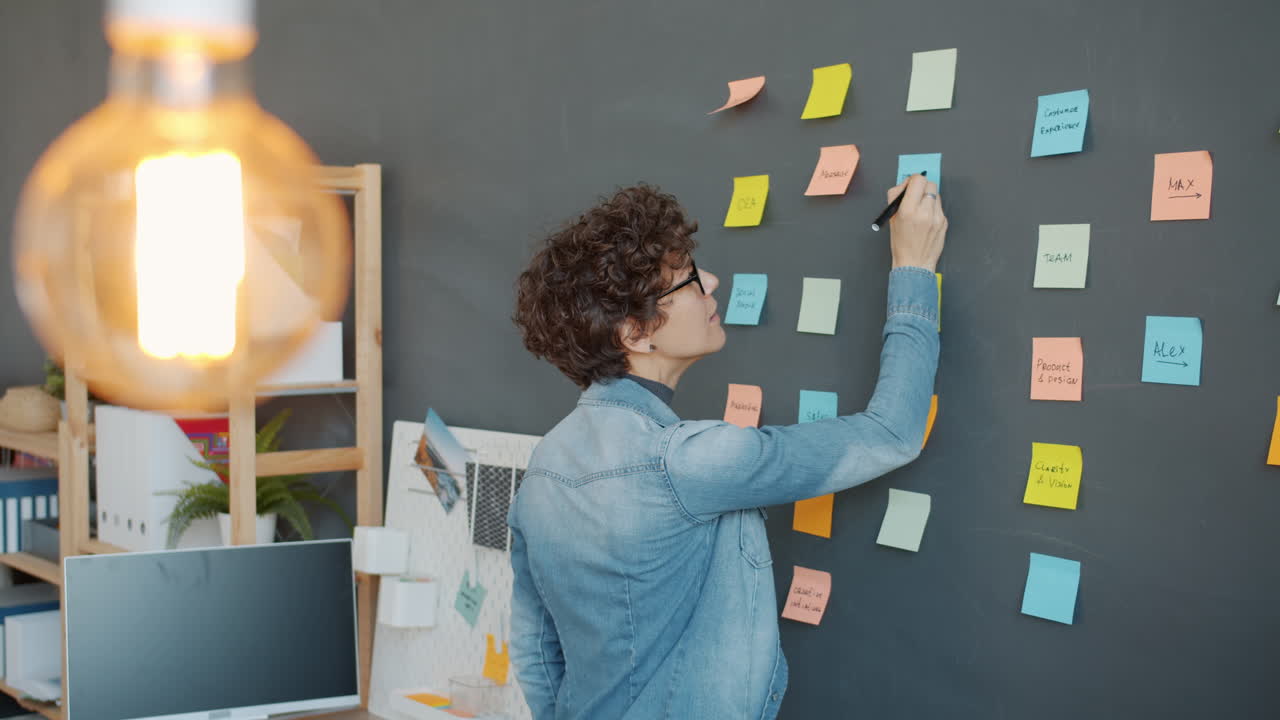Woman Planning on a Dark Wall with Sticky Notes
