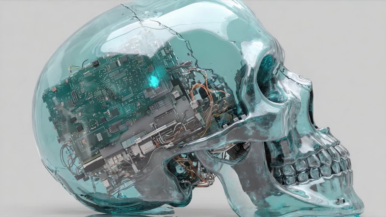 A Fascinating Glimpse into the Intersection of Technology and Mortality: A Transparent Skull Housing Advanced Circuitry Illustrating the Harmony of Human and Machine