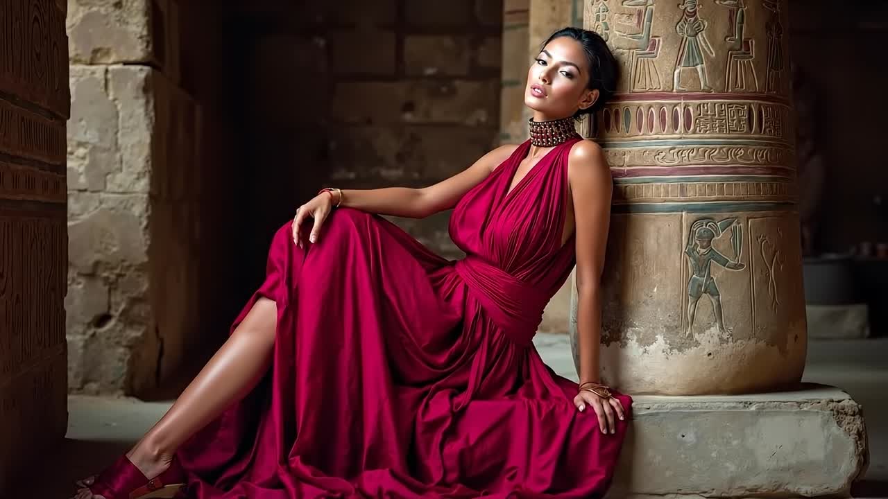 A woman in a red dress sitting on a pillar