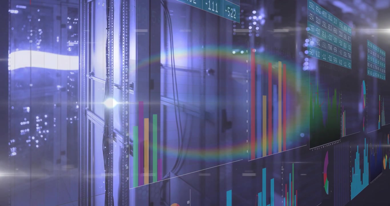 Opening glass panel displaying multicolored bars for live data, lens flare uncovering area graph
