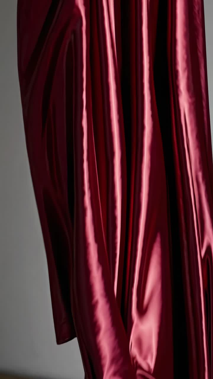 Close-up video shot of luxurious red satin fabric draped elegantly, capturing its smooth texture