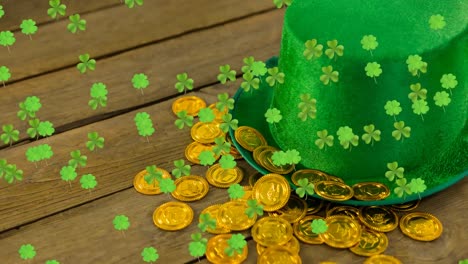 Animation-of-clovers-moving-with-green-hat-and-gold-coins-for-St.-Patricks-day