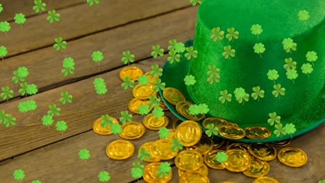 animation of clovers moving with green hat and gold coins for st. patricks day