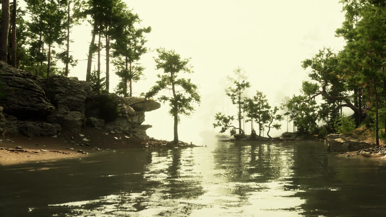 새벽에 평온한 숲의 호수