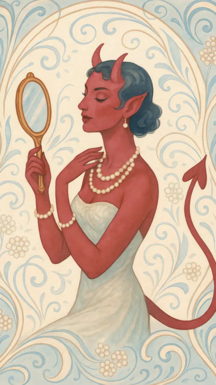 Elegante illustrazione in stile vintage di una diavolessa di profilo che regge uno specchio