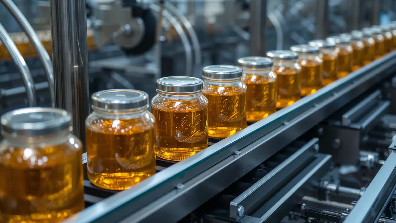 Conveyor motor pushing glass jars with metal lids traveling along plant line, passing capping heads