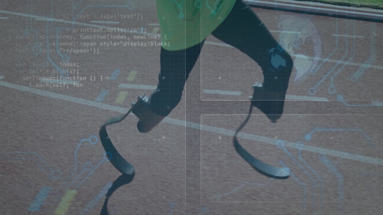 Running on track, athlete with prosthetic legs, technology animation overlaid