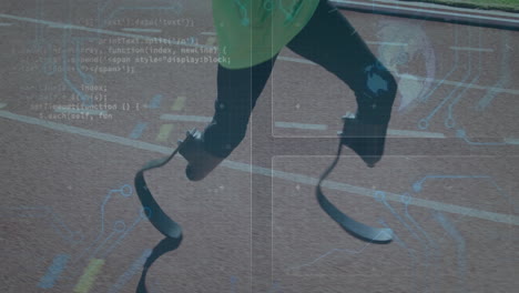 running on track, athlete with prosthetic legs, technology animation overlaid