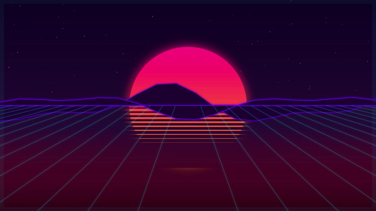 Retro Synthwave Style Landscape with Glowing Sun and Grid